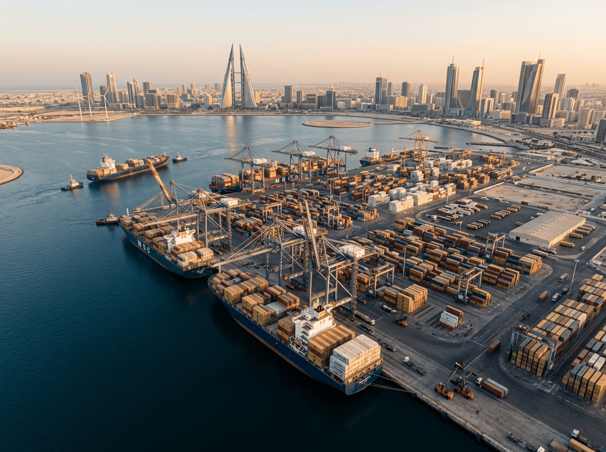 Khalifa Bin Salman Port in Bahrain with container ships and the modern Manama skyline in the background, soft warm light.