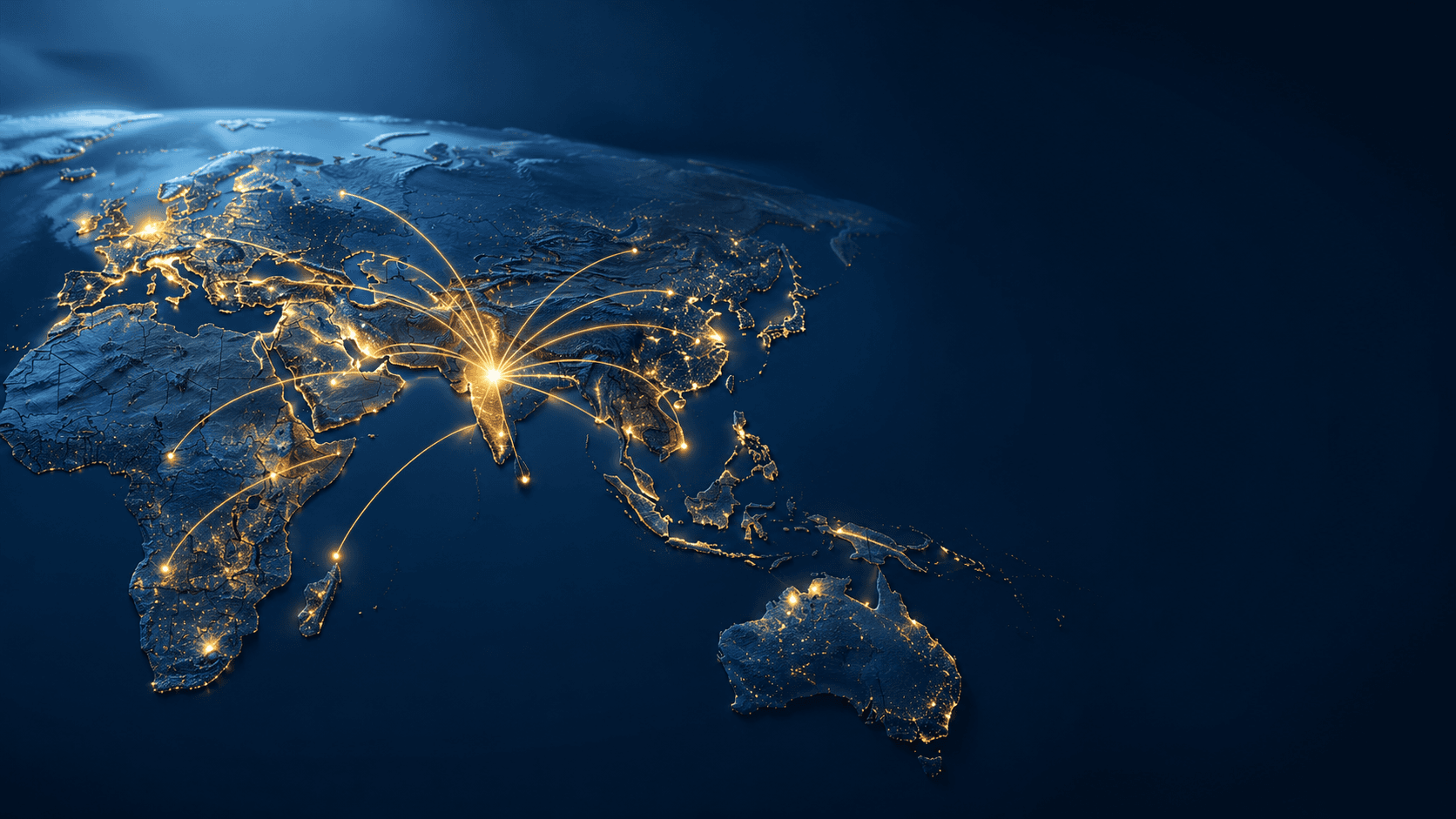Stylized illuminated world map projection on a deep navy background with soft golden shipping-route lines arcing from India to the Middle East, Europe, and Southeast Asia.