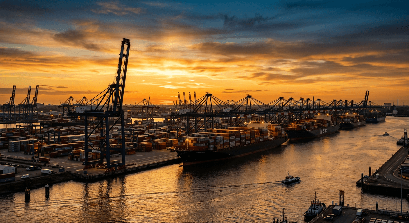 Port of Rotterdam at golden hour with massive container ships and Europoort cranes silhouetted against a warm sky.