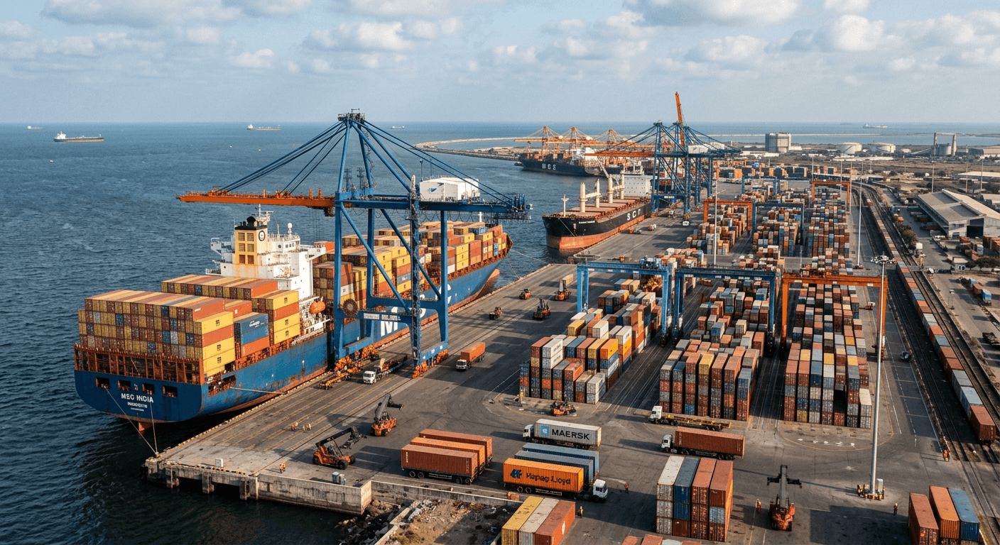 Aerial view of a busy modern Indian container port at golden hour, with ships docked and gantry cranes over deep blue water.