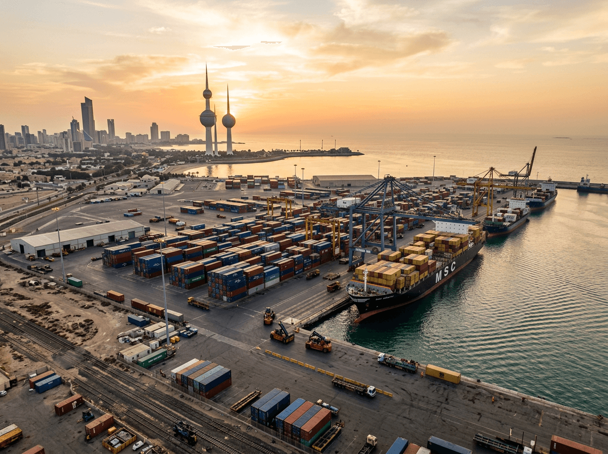 Shuwaikh Port in Kuwait City with container ships docked and the Kuwait Towers silhouetted in the background, warm golden light.