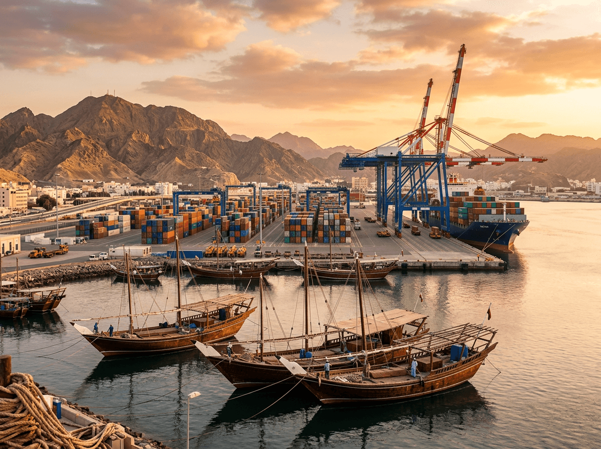 Port of Sultan Qaboos in Muscat with traditional dhows in the foreground and modern container terminals behind, soft warm golden light.