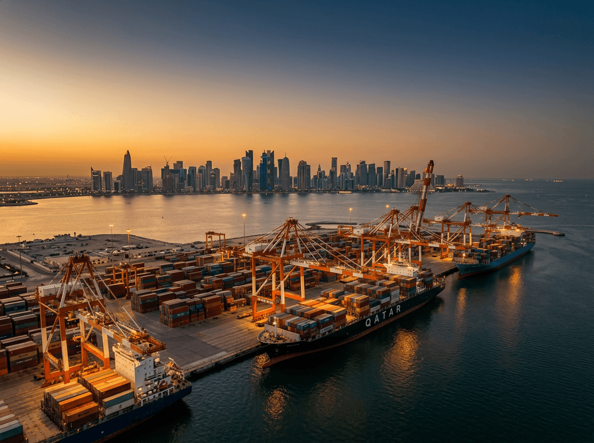 Hamad Port in Doha with container ships and the modern Doha skyline at golden hour, warm amber and navy tones.