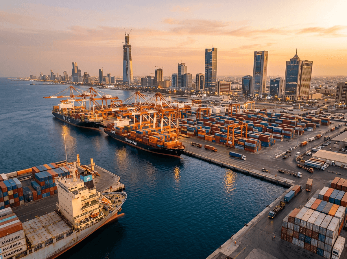 Jeddah Islamic Port with container ships and the Jeddah city skyline in soft golden light, warm sand and deep blue tones.