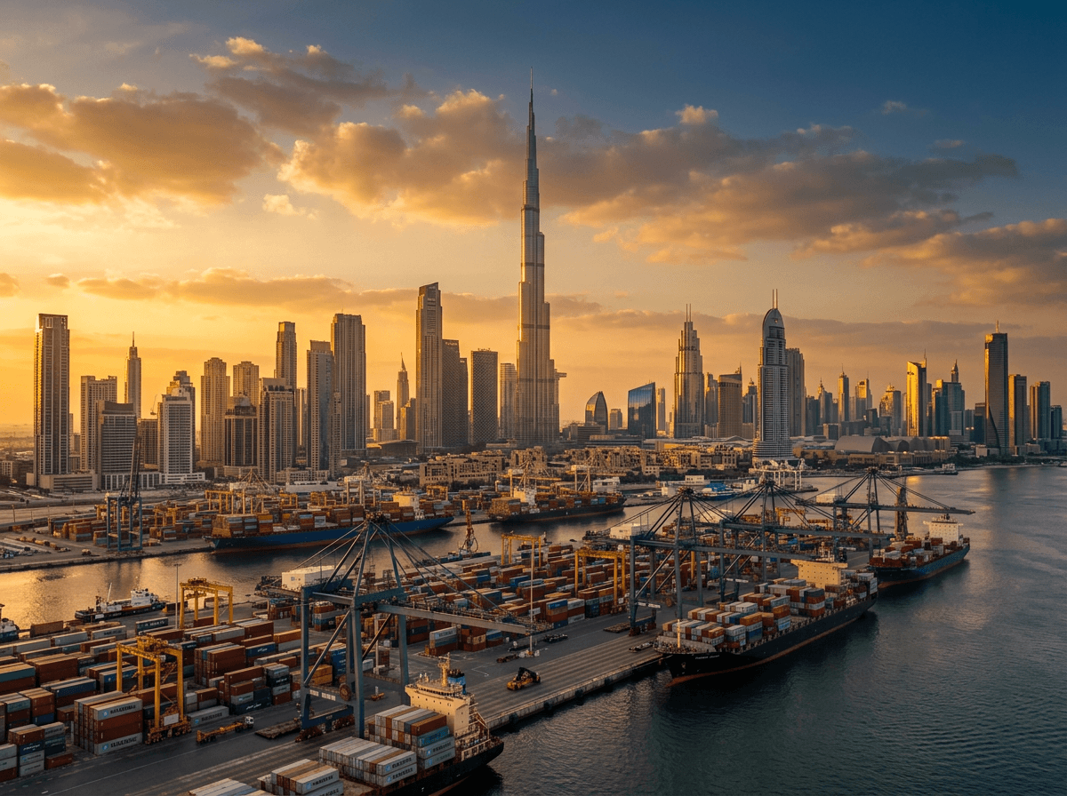 Modern Dubai skyline at golden hour with the Burj Khalifa and a container port in the foreground, warm amber and deep blue tones.