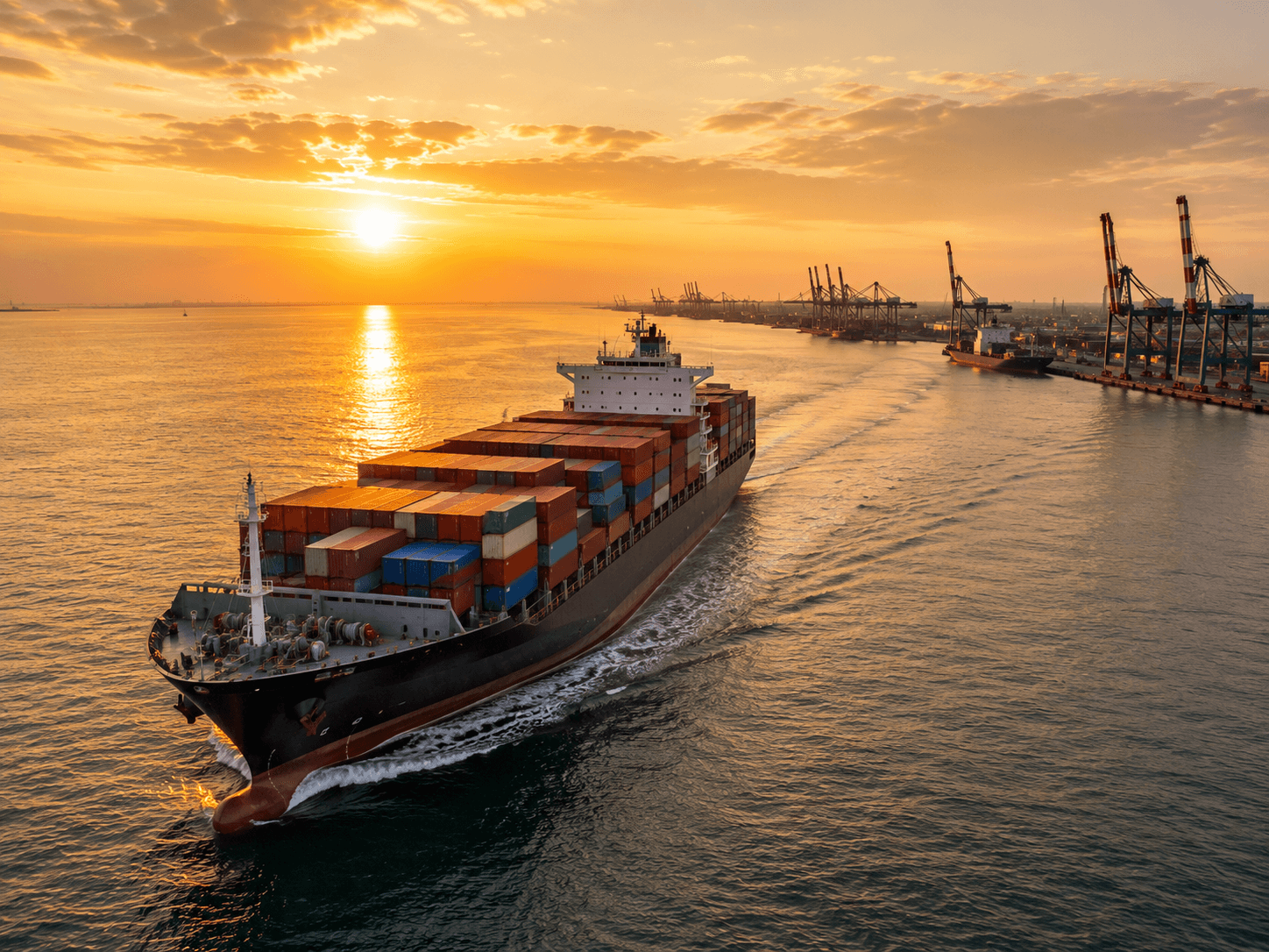 Modern cargo ship departing an Indian port at golden hour, with the sun low over the water and a soft wake trailing into a deep blue ocean.