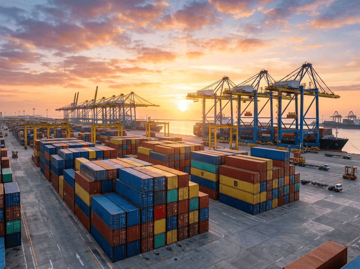 Neatly stacked multicolored shipping containers at a modern Indian export port at sunrise, with cranes in the background.