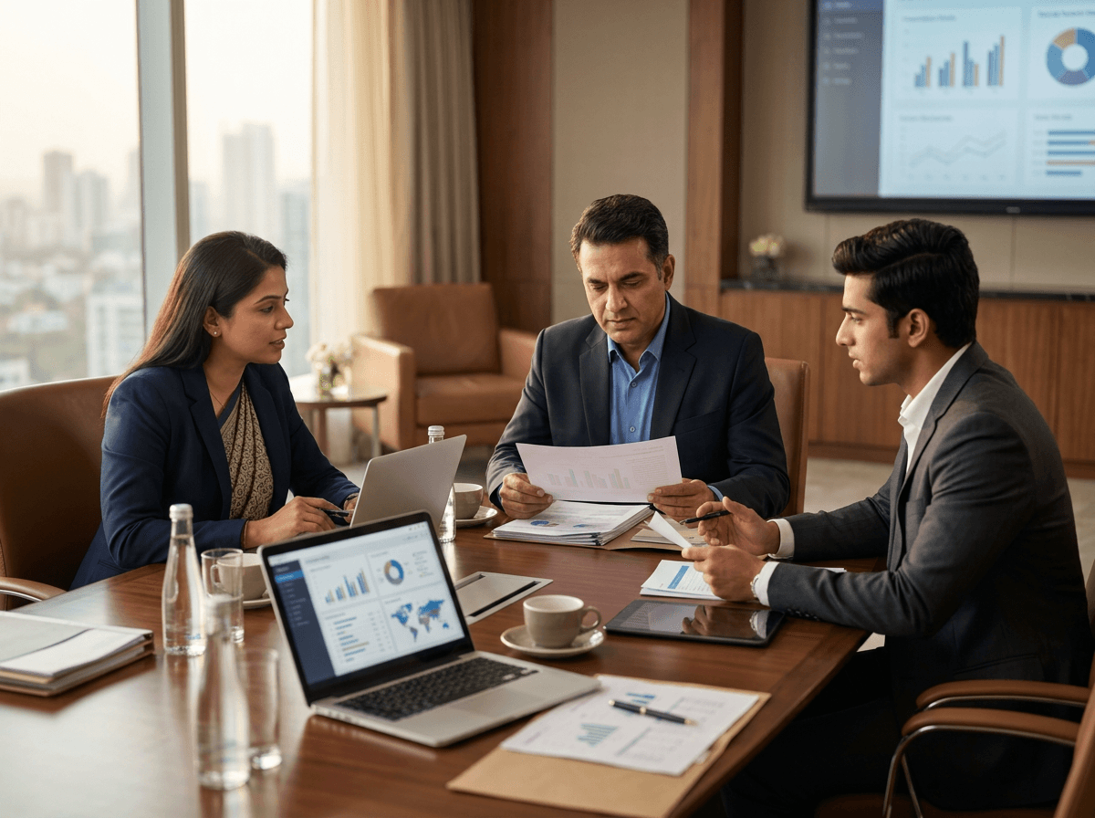 Three Indian export-trade professionals in business attire meeting around a polished boardroom table reviewing printed shipment documents and a laptop.