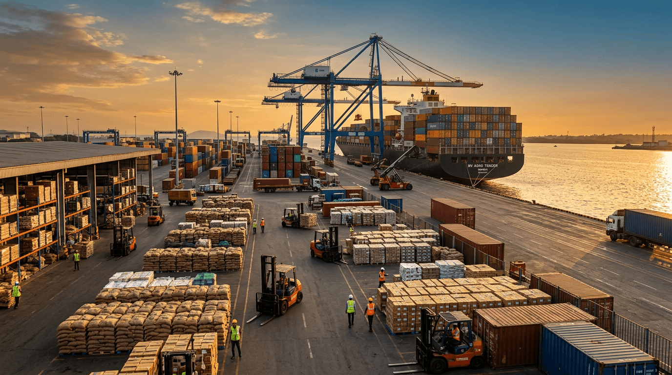 High-level overview of a busy Indian agro-export facility at golden hour with pallets, forklifts, and a docked container ship in the background.