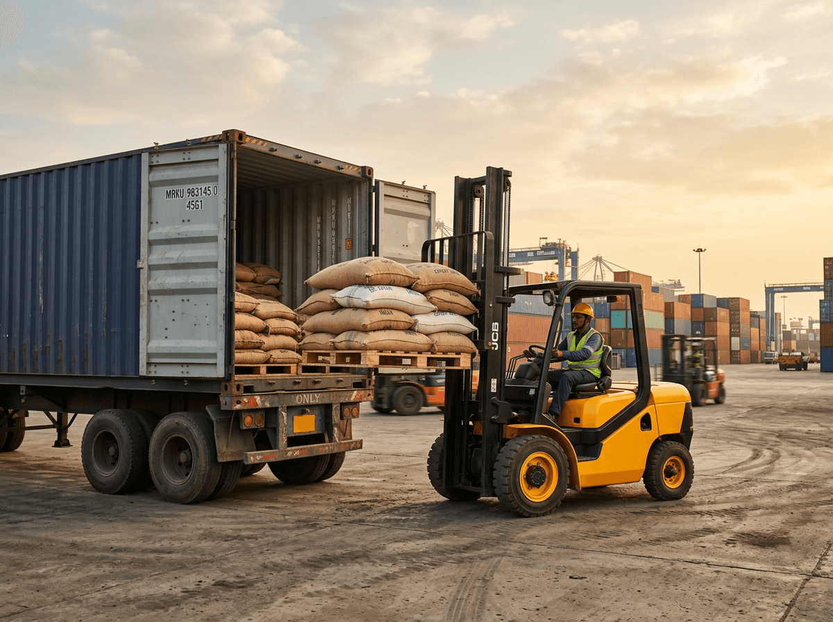 Yellow forklift loading palletized export sacks into a 40-foot shipping container at an Indian port, soft warm afternoon light.