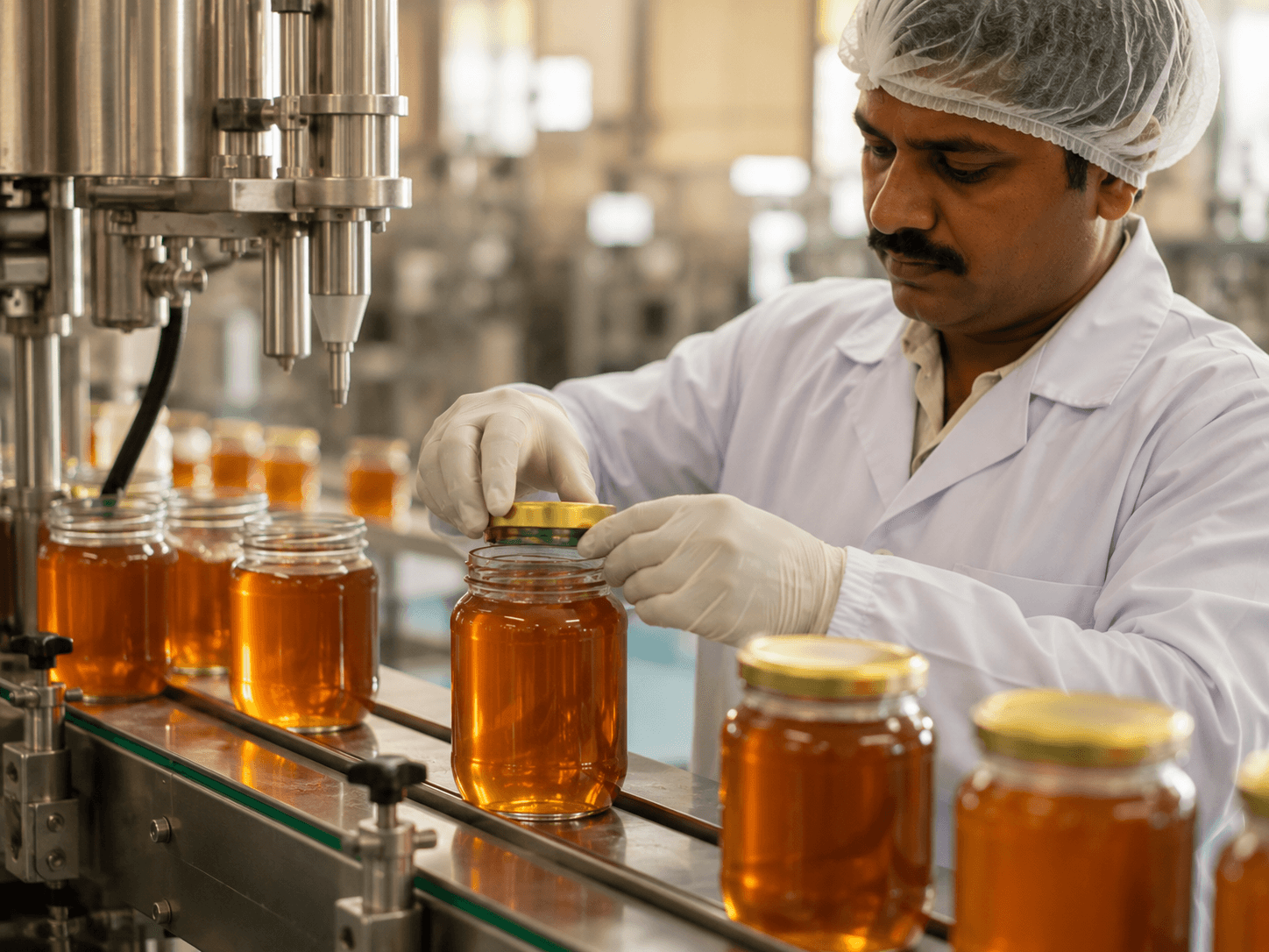 Clean packaging line filling premium glass honey jars, with a single worker's hands carefully placing a lid, soft warm light.