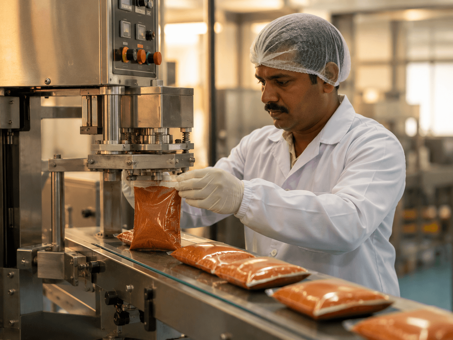 Indian packaging-line worker carefully sealing an export-grade spice pouch on a stainless steel conveyor, soft warm industrial light.