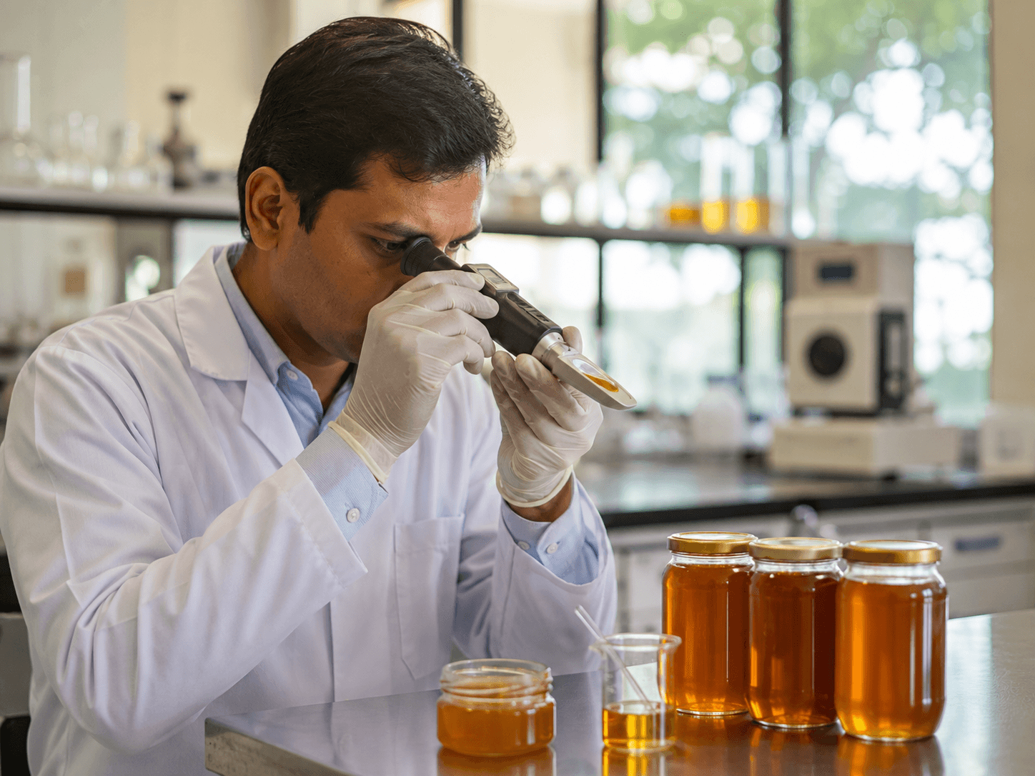 Indian quality-inspection technician in a white lab coat using a refractometer to test a sample of golden honey on a stainless steel bench.