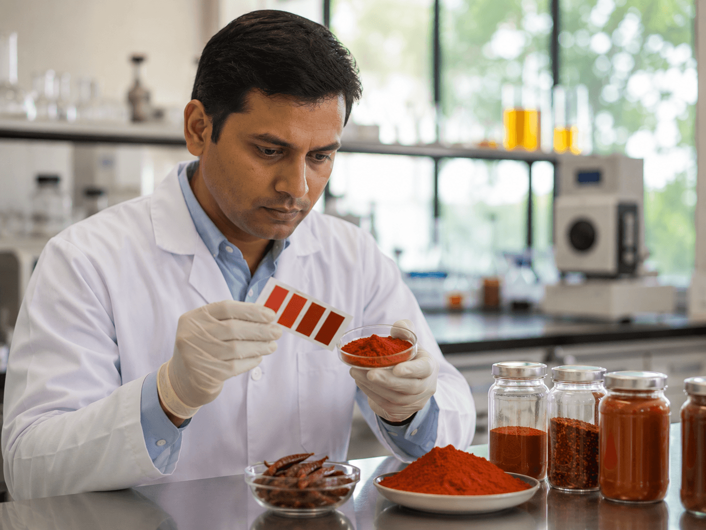 Indian quality-inspection technician in a white lab coat inspecting vibrant red chilli powder against a color reference card on a stainless steel bench.