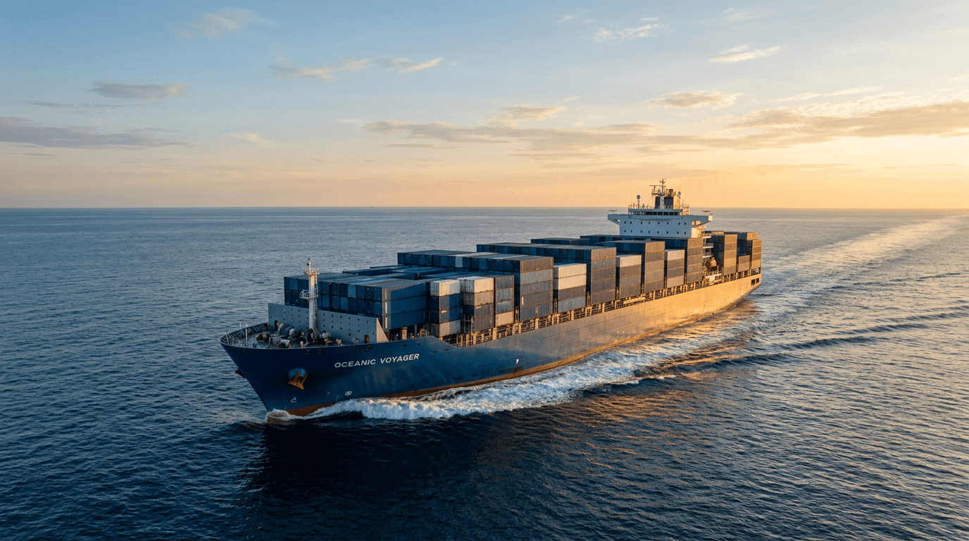 Modern Panamax cargo ship cutting through a calm blue ocean at golden hour, with soft warm sunlight reflecting off the steel hull.
