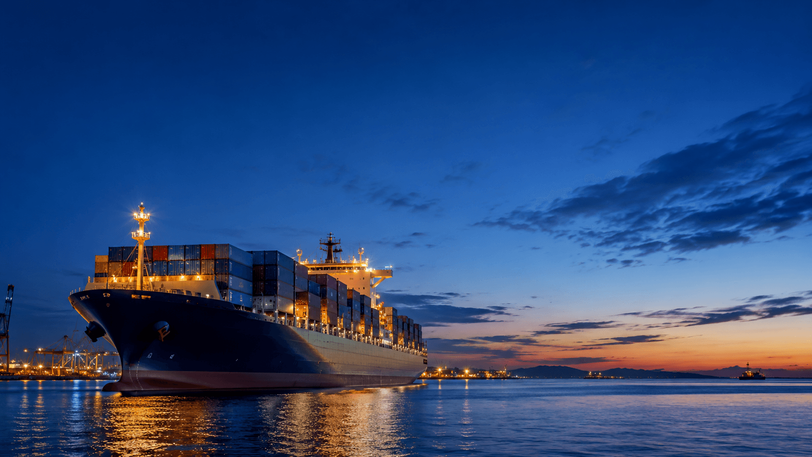 Modern cargo ship lit at dusk with warm deck lights and a deep blue twilight sky, calm reflective sea.