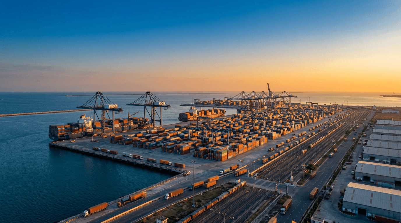 Aerial view of a busy modern Indian container port at golden hour, with ships docked and gantry cranes over deep blue water.