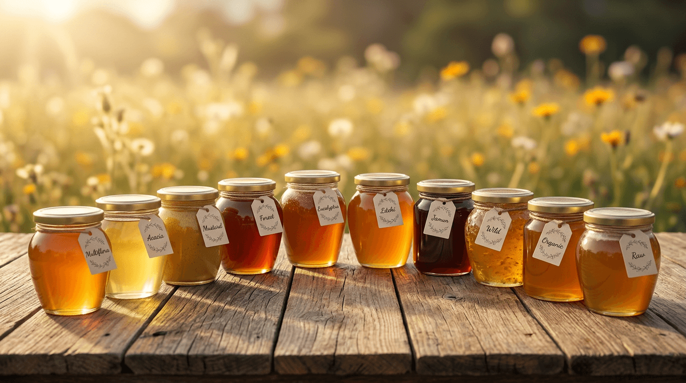 Editorial still life of eleven premium honey jars arranged in a graceful arc on a rustic reclaimed-wood surface, golden morning light.