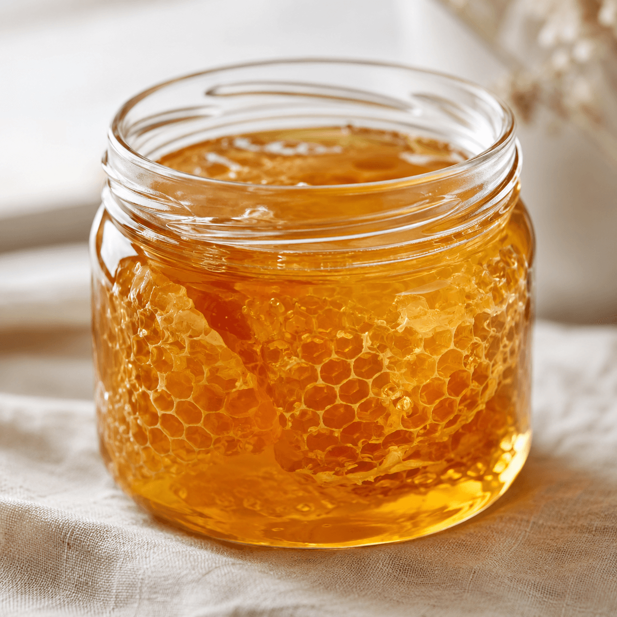 Premium glass jar of unfiltered raw organic honey with visible honeycomb pieces, on a clean natural linen cloth.