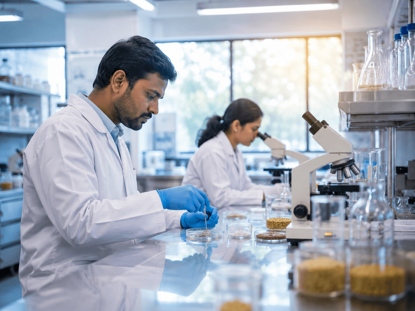 Bright modern quality-inspection laboratory with two Indian technicians in white lab coats testing samples at a stainless steel bench.
