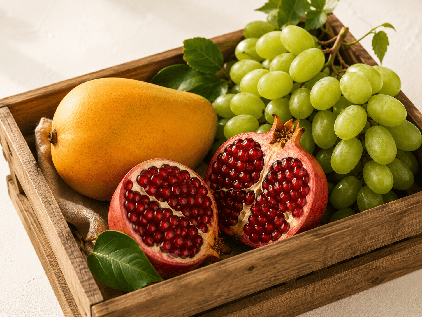 Editorial still life of premium Indian fresh fruit — a single ripe Alphonso mango with golden-yellow skin, a deep red pomegranate cut open to reveal ruby arils, and a small bunch of dark green grapes — arranged in a wooden crate on a clean white surface, soft warm morning light.