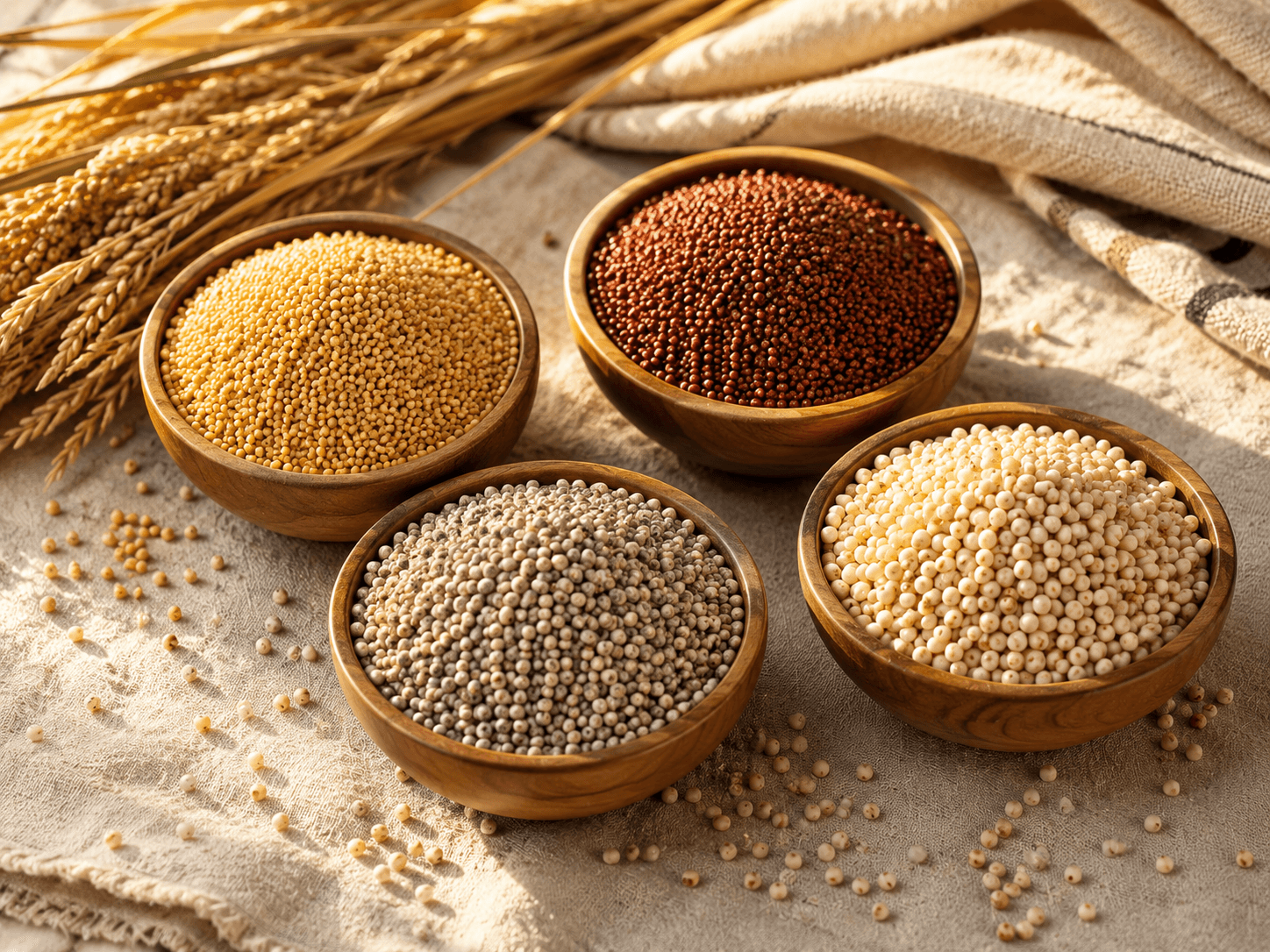 Editorial still life of four small wooden bowls of premium Indian millets — golden foxtail, deep red-brown finger millet (ragi), pale pearl millet (bajra), and ivory sorghum (jowar) — arranged in a graceful arc on a rustic linen surface, soft warm morning light.