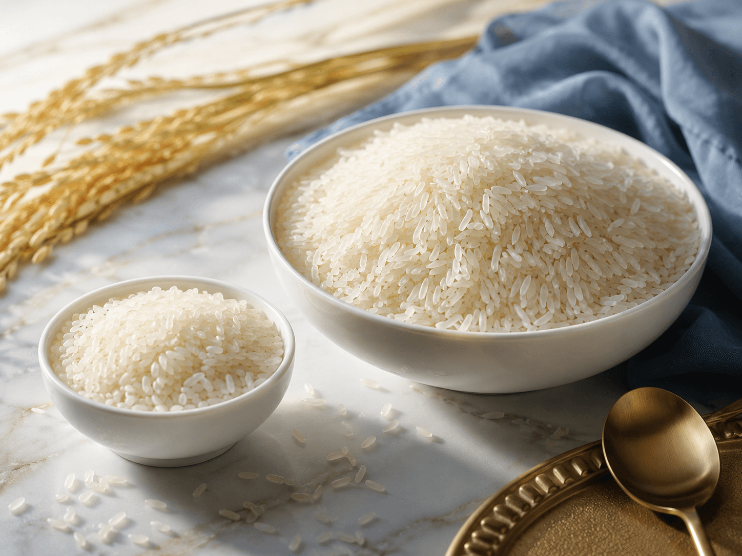 Editorial still life of premium aged long-grain Basmati rice in a white ceramic bowl beside a smaller bowl of Sona Masoori rice, a few grains scattered on a clean marble surface, soft natural side light, ivory and warm gold tones.