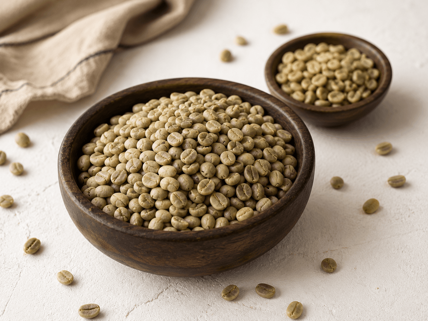 Editorial still life of premium Indian green coffee beans — washed Robusta AA in the foreground and a smaller portion of washed Arabica behind — in a small dark wooden bowl on a clean off-white surface, a few beans scattered, soft natural light.