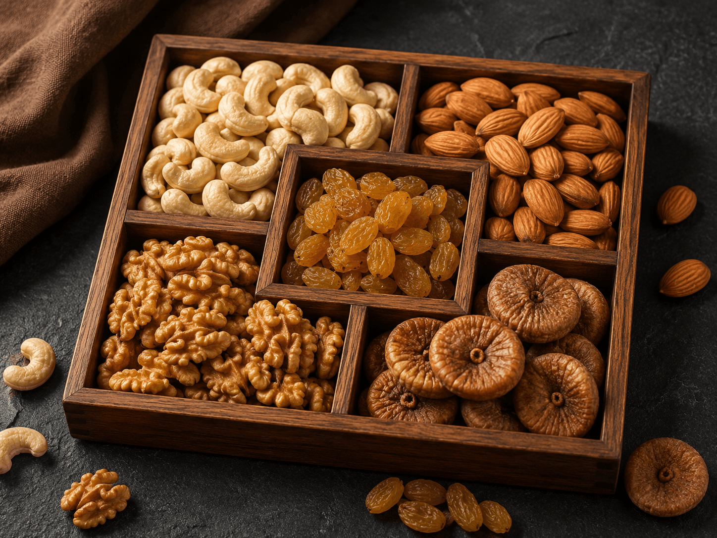 Editorial still life of premium Indian dry fruits in a wooden tray — whole W320 cashew kernels, blanched almonds, golden raisins, walnut halves, and a small pile of dried figs — artfully arranged on dark slate, soft warm directional light.