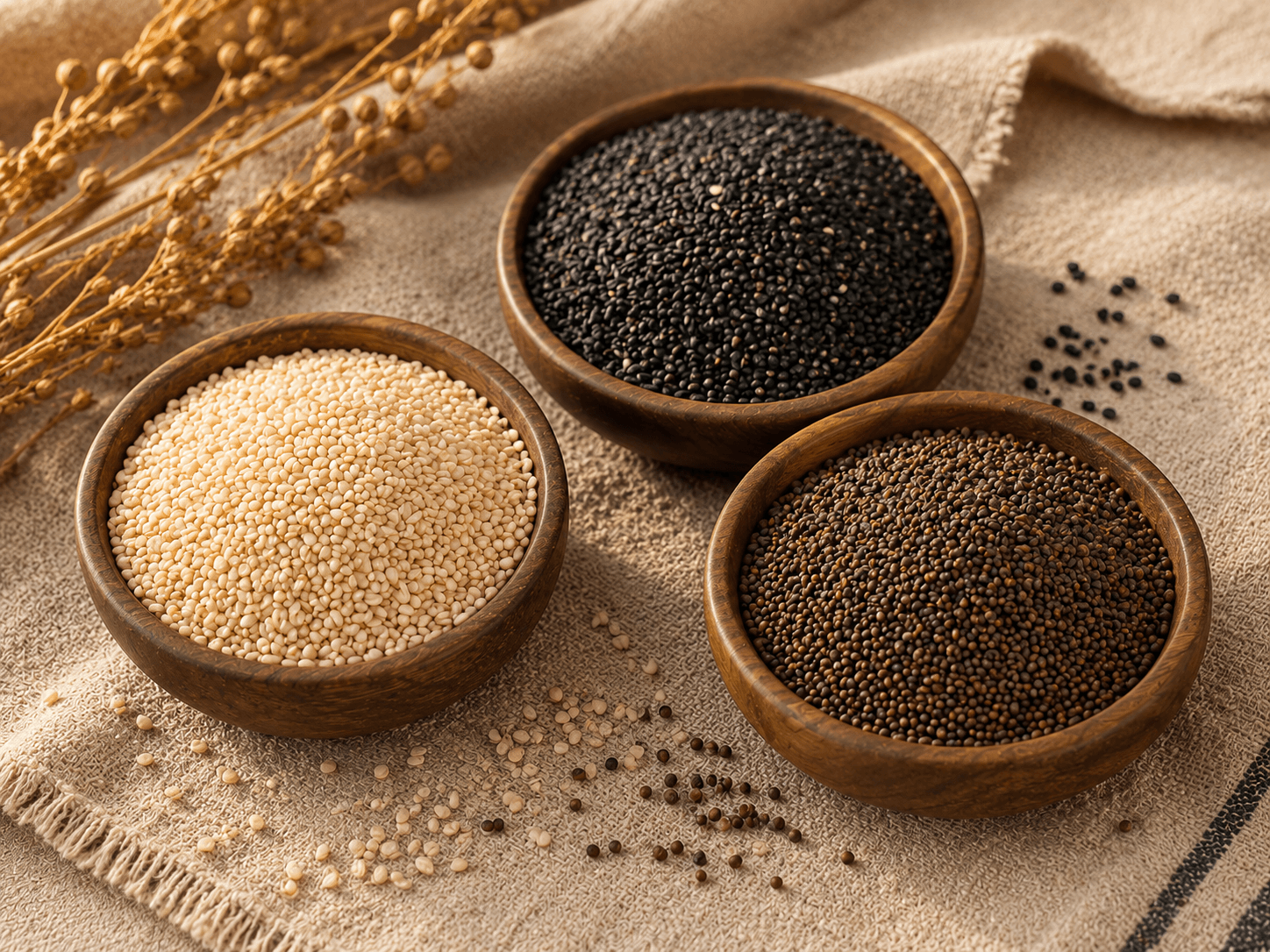Editorial still life of premium Indian oil seeds in three small wooden bowls — natural sesame, black sesame, and brown mustard seeds — arranged on a rustic linen surface, a few seeds scattered, soft warm natural light.