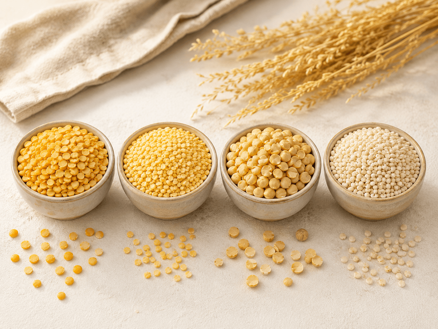Editorial still life of premium sortex-cleaned Indian pulses in four small ceramic bowls — golden Toor dal, pale yellow moong dal, beige chana dal, and ivory urad dal — on a clean off-white surface, a few whole and split grains scattered, soft natural light.