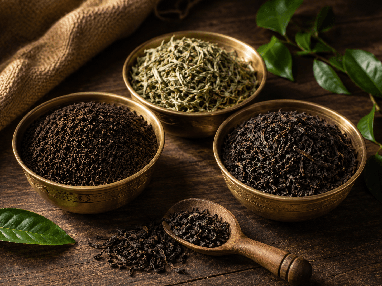 Editorial still life of premium Indian loose-leaf teas in three small brass bowls — dark Assam CTC, pale green Darjeeling first-flush, and black Nilgiri — beside a small wooden scoop of tea leaves on a rustic dark wooden surface, soft warm side light.